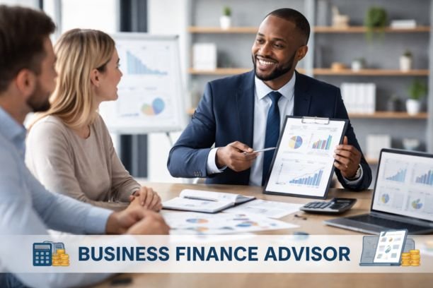 Business finance advisor presenting financial charts and growth reports to clients during a professional consultation in a modern office setting.