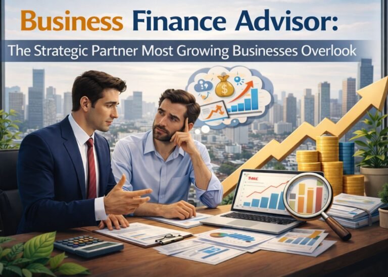 Business finance advisor discussing financial strategy with a client in a modern office, reviewing reports on a laptop with charts, documents, and growth indicators, showing real-world business financial planning.