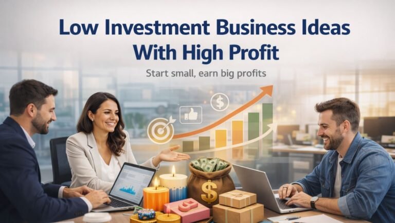 Business team discussing low investment business ideas with laptops, upward growth chart, and money symbols showing high profit potential in a modern office.
