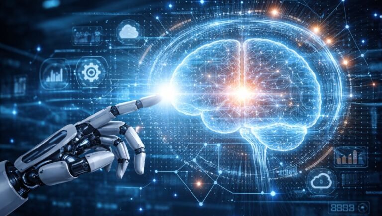 A futuristic illustration showing a robotic hand touching a glowing digital brain, representing AI technology, machine learning, and advanced data intelligence.