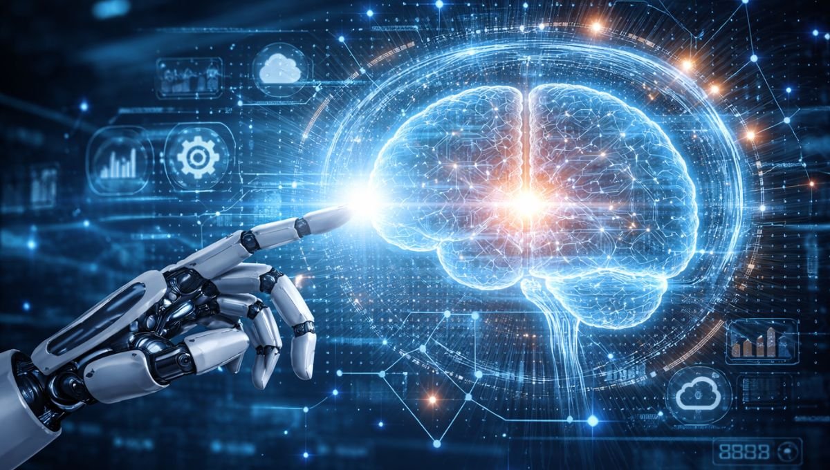 A futuristic illustration showing a robotic hand touching a glowing digital brain, representing AI technology, machine learning, and advanced data intelligence.