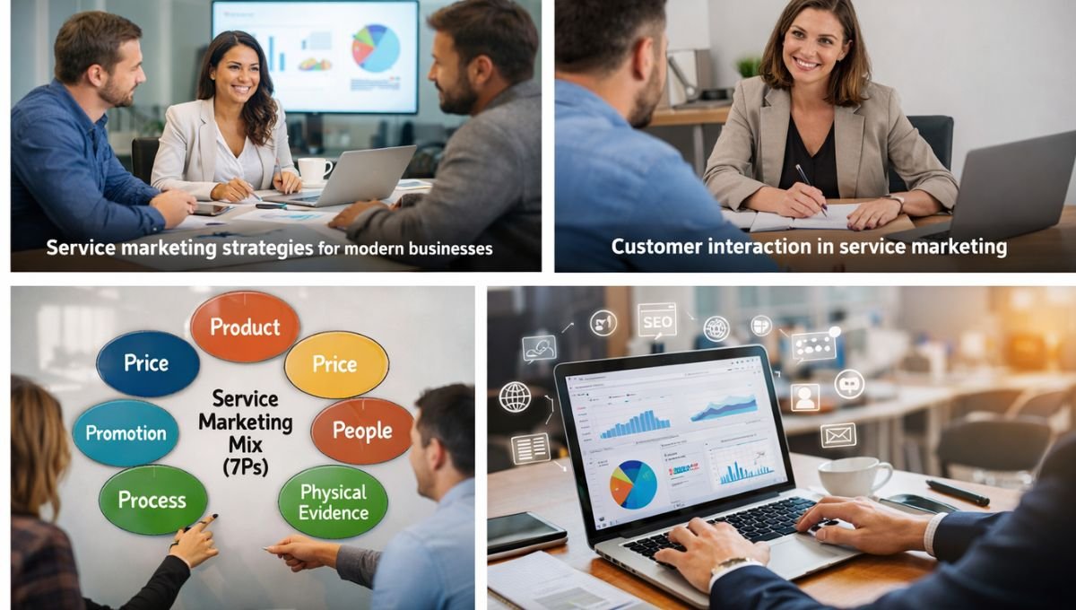 Service marketing concepts showing business professionals discussing strategies, customer interaction, the 7Ps service marketing mix, and digital performance analytics.