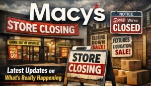 Macy’s storefront with multiple “Store Closing” and “Going Out of Business” signs, a “Sorry, We’re Closed” notice, stacked boxes, and a bold headline reading “Macy’s Store Closures: Latest Updates on What’s Really Happening.”