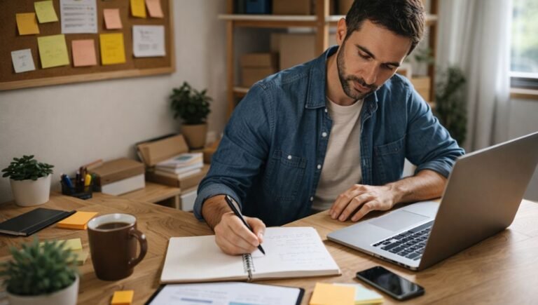 Entrepreneur planning small business ideas while working on a laptop at a home office