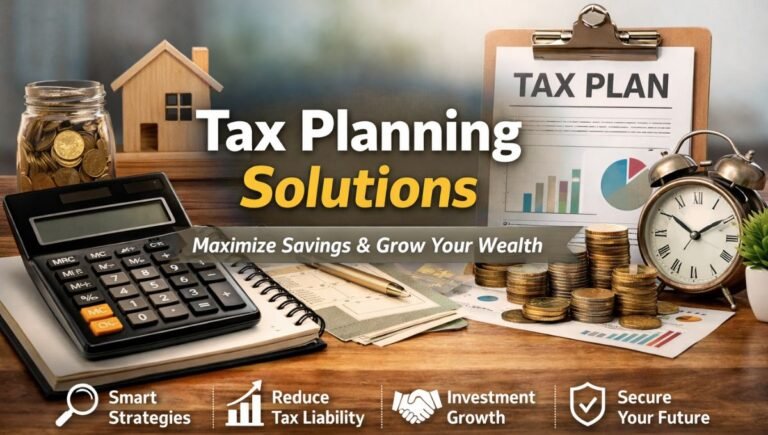 Tax planning solutions concept showing calculator, tax documents, savings coins, investment charts, and financial tools representing strategies to reduce tax liability and grow wealth.