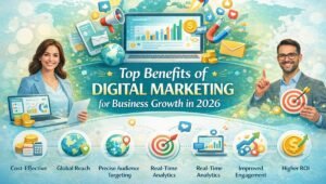Illustration showing top benefits of digital marketing for business growth in 2026, including analytics, targeting, engagement, ROI, and online promotion tools.