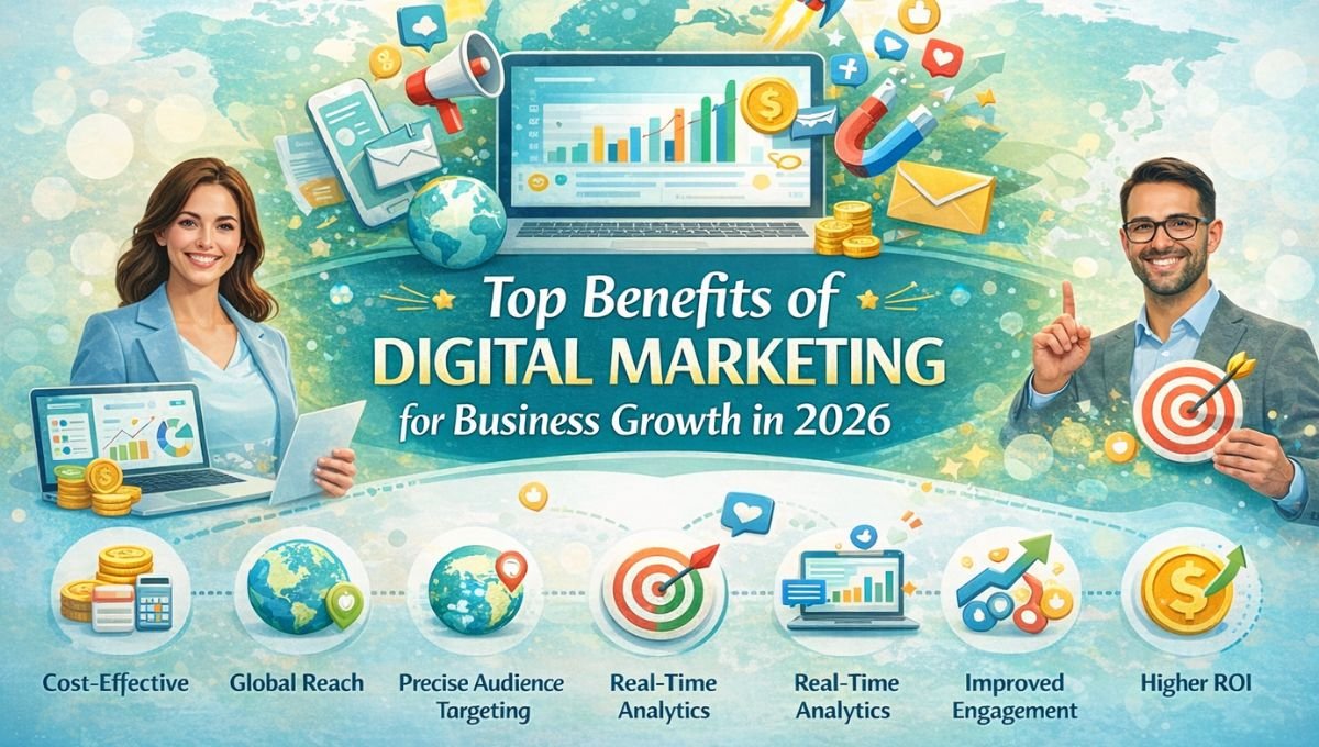Illustration showing top benefits of digital marketing for business growth in 2026, including analytics, targeting, engagement, ROI, and online promotion tools.