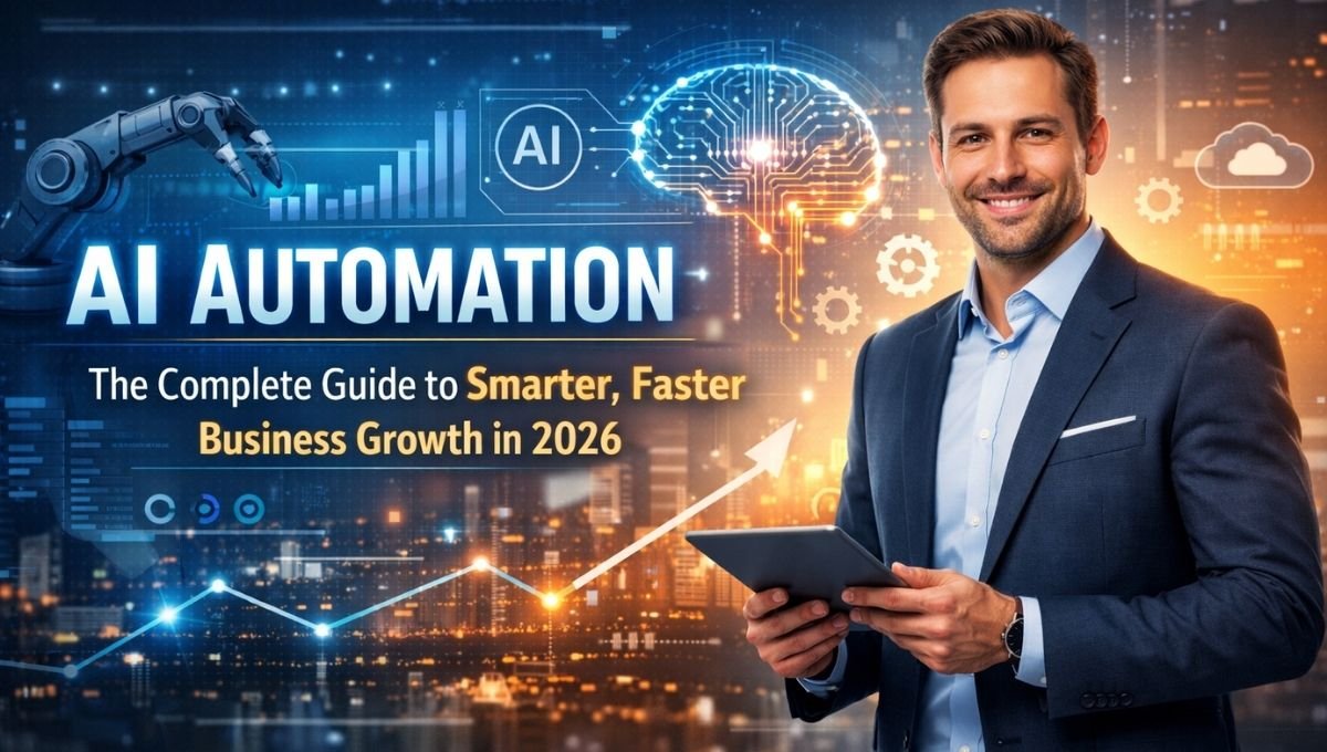 Horizontal image showing a professional business person holding a tablet with AI automation visuals, including a digital brain, data charts, robotic arm, and growth graphs, representing smarter and faster business growth through AI automation in 2026.