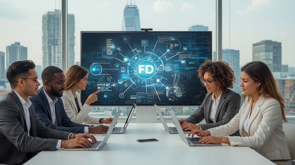 Business professionals collaborating around a conference table while analyzing data and digital workflows on a large screen, representing enterprise software and team productivity.