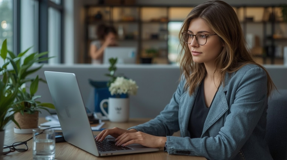 Professional woman working on a laptop in a modern office, focused on business tasks and digital software management.