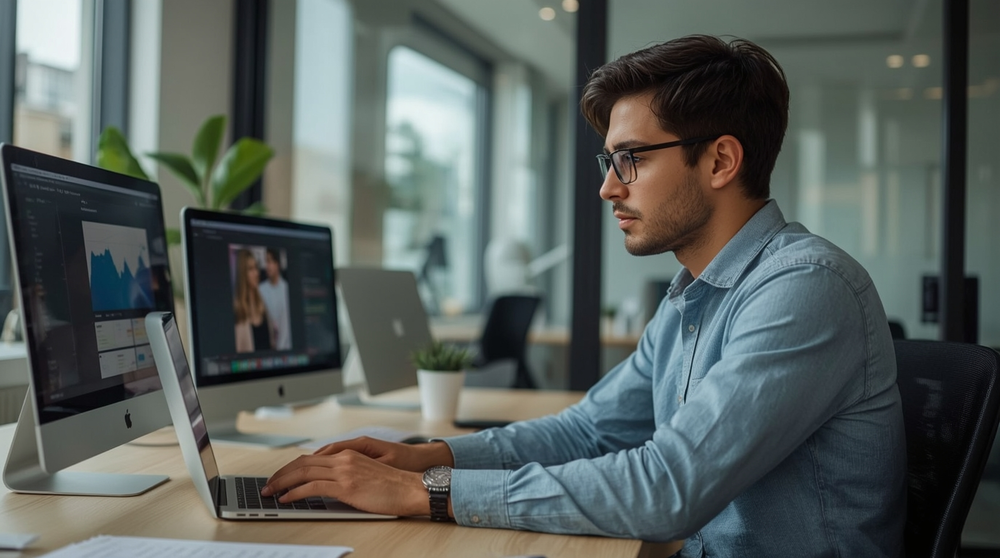 Professional analyzing business analytics on multiple screens using GenboosterMark software to improve productivity and workflow efficiency in a modern office.