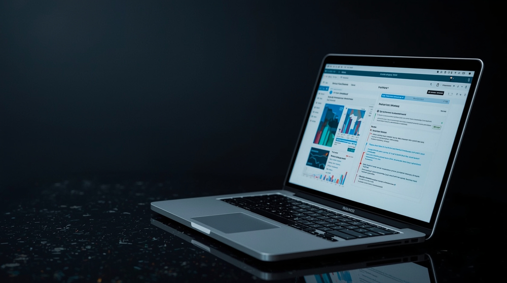 Laptop displaying business analytics dashboard and performance reports, representing data-driven software solutions and productivity tools.