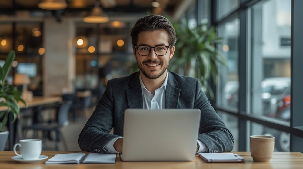 Professional businessman working on a laptop in a modern office workspace, focused on productivity and digital software tasks.