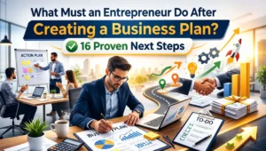 Entrepreneur executing next steps after creating a business plan, analyzing growth charts and strategy roadmap in a modern office