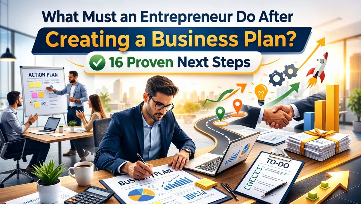 Entrepreneur executing next steps after creating a business plan, analyzing growth charts and strategy roadmap in a modern office