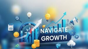 Navigate growth business concept illustration with compass, bar graph, upward arrow, marketing icons, finance symbols, and strategy elements
