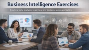 Business intelligence exercises showing professionals analyzing data dashboards, reports, and KPIs in a collaborative office meeting