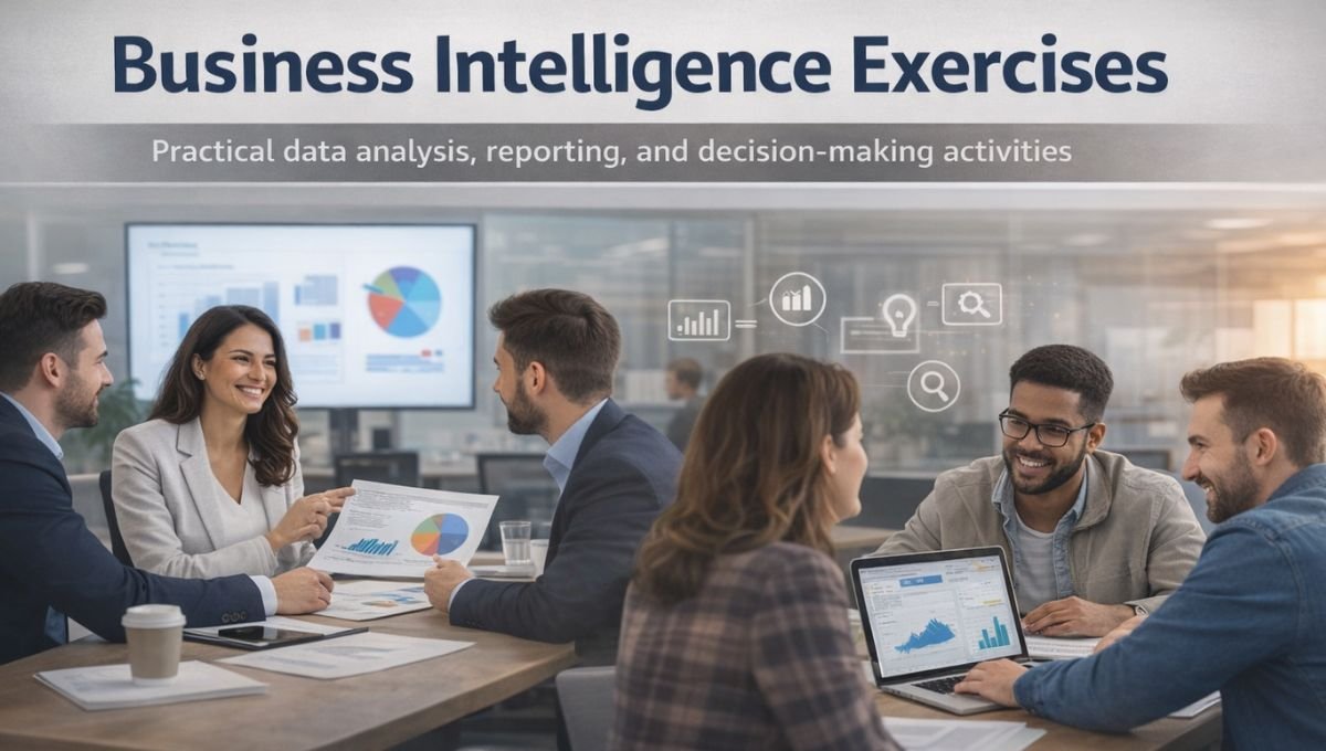 Business intelligence exercises showing professionals analyzing data dashboards, reports, and KPIs in a collaborative office meeting