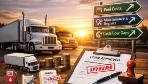 Commercial trucks parked at sunset beside road signs showing fuel costs, maintenance and cash flow gaps, with coins, paid invoice, and an approved loan document symbolizing trucking business financing.