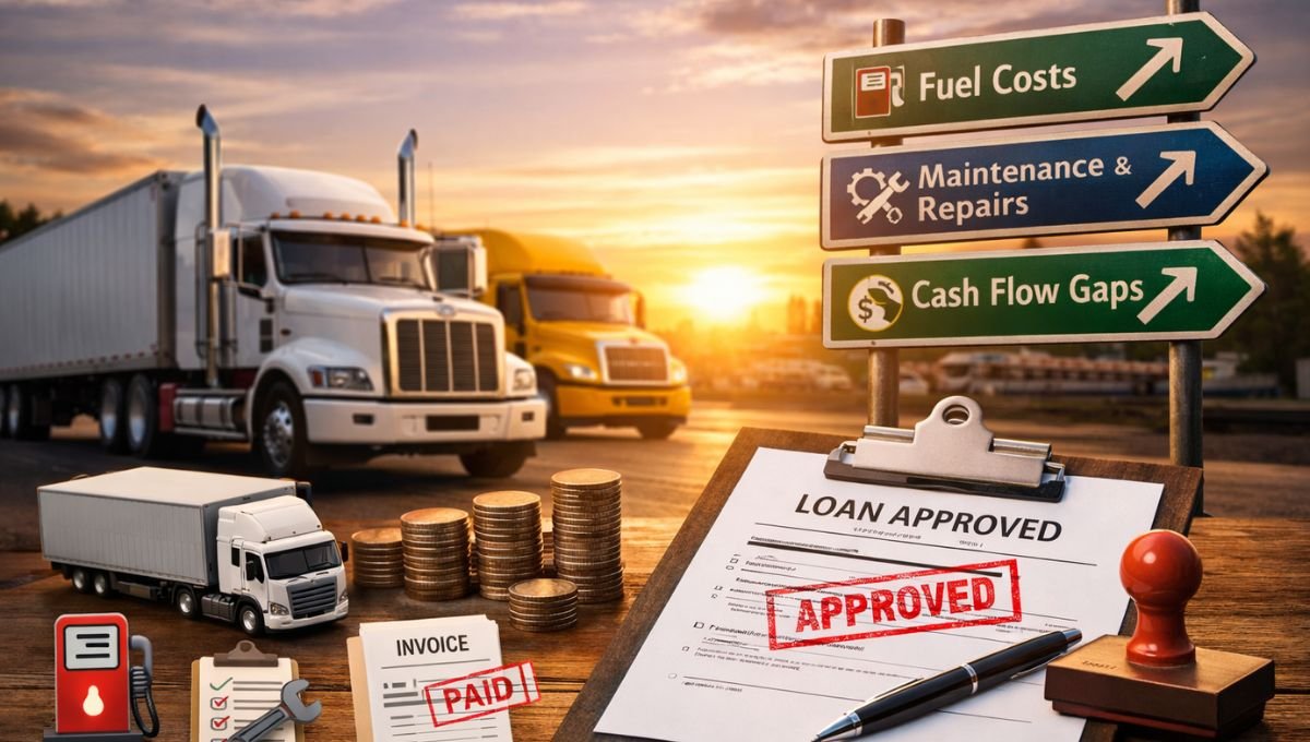 Commercial trucks parked at sunset beside road signs showing fuel costs, maintenance and cash flow gaps, with coins, paid invoice, and an approved loan document symbolizing trucking business financing.