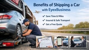 Benefits of shipping a car with EyexBusiness showing professional auto transport, insured vehicle loading, bill of lading, real-time tracking, and customer handover
