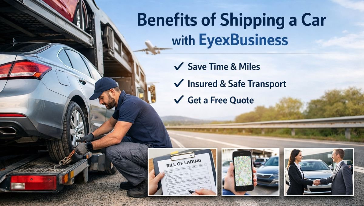Benefits of shipping a car with EyexBusiness showing professional auto transport, insured vehicle loading, bill of lading, real-time tracking, and customer handover