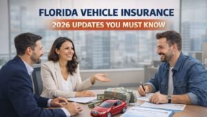 Professionals discussing Florida vehicle insurance coverage with car model, insurance documents, and 2026 policy updates in a modern office setting