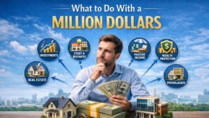 Person planning what to do with a million dollars by exploring smart investment options like real estate, starting a business, passive income, and wealth protection in a horizontal image.