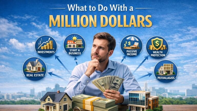 Person planning what to do with a million dollars by exploring smart investment options like real estate, starting a business, passive income, and wealth protection in a horizontal image.
