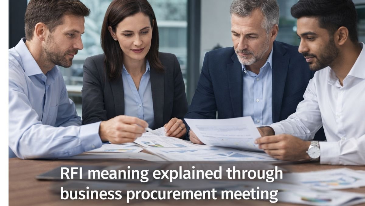 Business professionals reviewing documents while gathering information from vendors during the RFI process