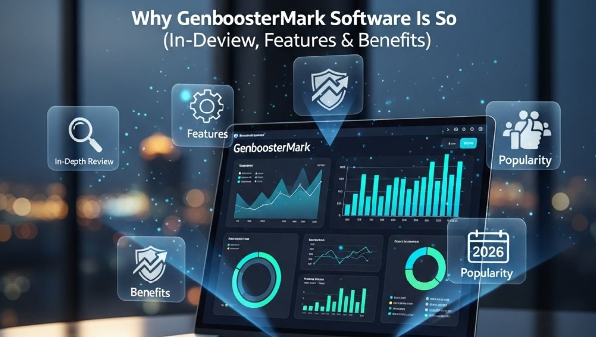Laptop displaying the GenboosterMark software dashboard with analytics charts, surrounded by icons representing in-depth review, features, benefits, and popularity.