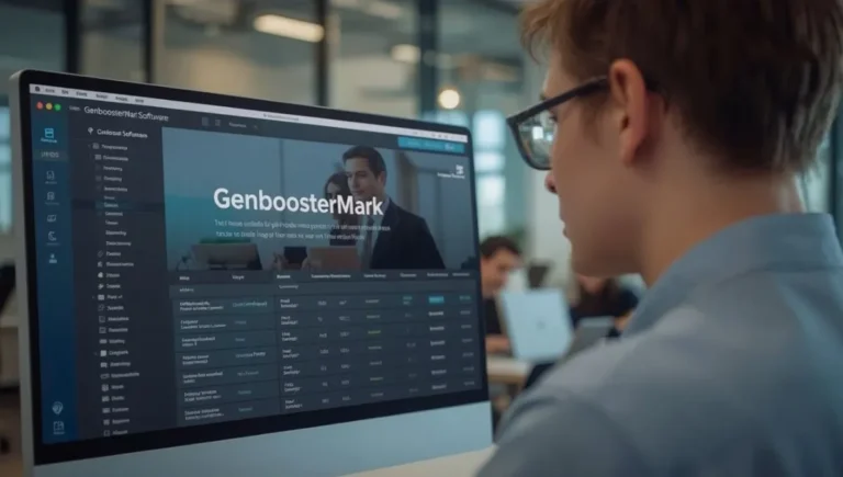 Business professional reviewing data and workflows on the GenboosterMark software dashboard in a modern workplace.