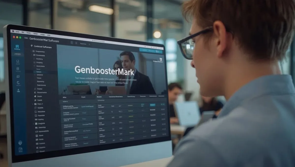 Business professional reviewing data and workflows on the GenboosterMark software dashboard in a modern workplace.