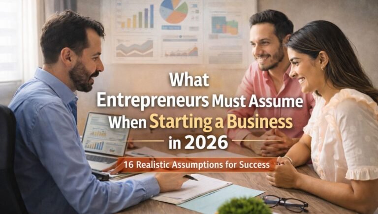 Entrepreneur discussing business assumptions and startup planning with a couple in a modern office, representing realistic expectations for starting a business in 2026.