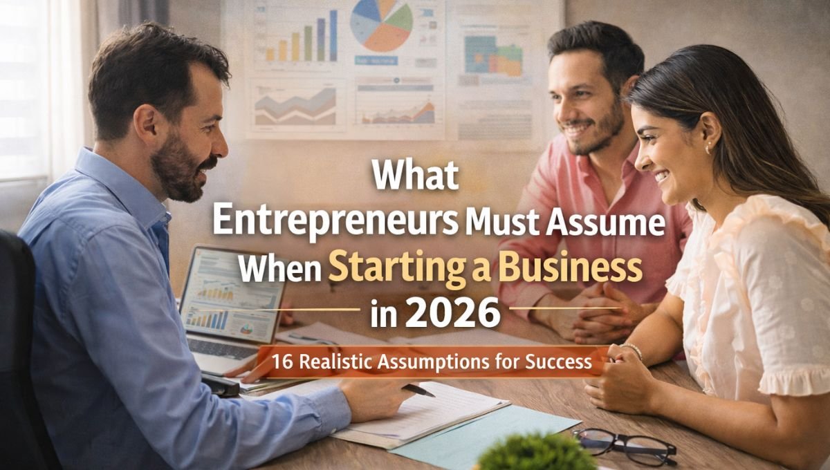 Entrepreneur discussing business assumptions and startup planning with a couple in a modern office, representing realistic expectations for starting a business in 2026.