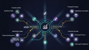 Strategic growth navigate startup tools framework showing analytics, marketing, operations automation, funding, customer success, and security connected to a central growth system in 2026.