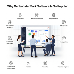 Infographic showing why GenboosterMark software is popular, featuring a team reviewing a dashboard with icons for automation, analytics, AI optimization, integrations, scalability, and customer support.