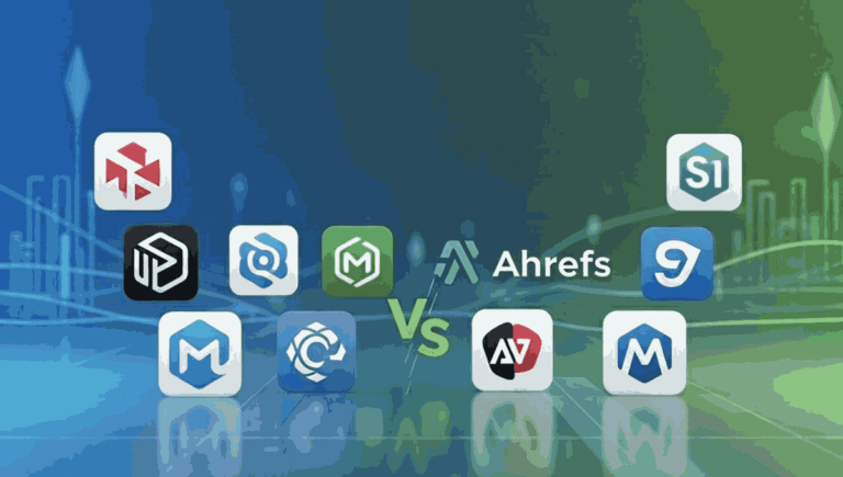 A comparative graphic design featuring the logos of Ahrefs and its top alternatives like Semrush, Moz, and Mangools.