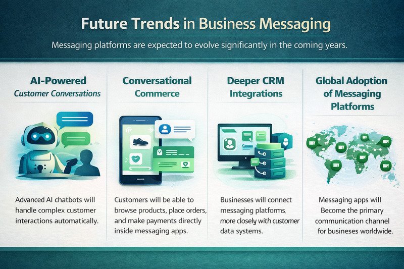 Infographic showing future trends in business messaging including AI-powered customer conversations, conversational commerce in messaging apps, CRM integration, and global adoption of messaging platforms for business communication.