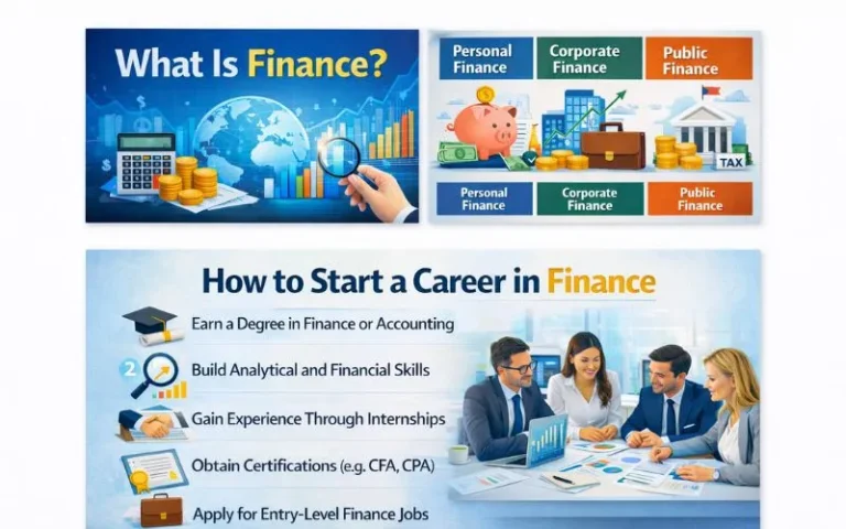What is finance and how to start a career in finance showing personal finance, corporate finance, public finance, and steps to become a finance professional.