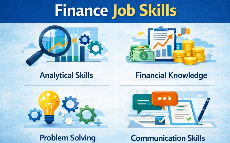 Finance job skills including analytical skills, financial knowledge, problem solving, and communication skills required for careers in the finance industry.
