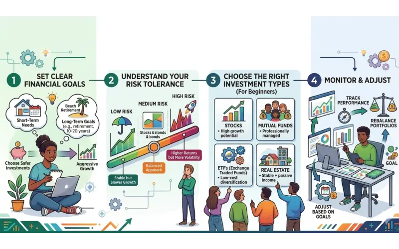 Step-by-step beginner investment guide infographic showing financial goal setting, risk tolerance, investment options, and portfolio monitoring process