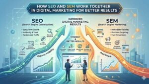 A high-tech visual comparison showing the synergy between SEO for organic visibility and SEM for paid reach to achieve improved digital marketing results. It highlights how combining long-term growth with immediate visibility drives wider reach, measurable results, and better engagement.