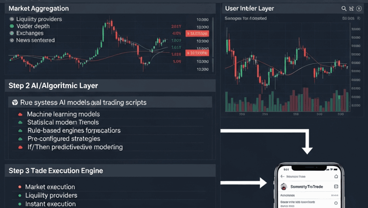 A technical flow chart illustrating SmartyTrade's trading process, connecting AI layers and execution engines to a mobile application interface.