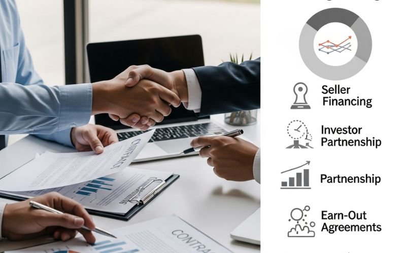 Business partners shaking hands over a contract and financial reports representing seller financing, investor partnership, partnership deals, and earn-out agreements for buying a business.