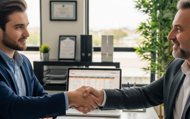 Two businessmen shaking hands across a desk in a modern office with a laptop displaying financial data in the background.