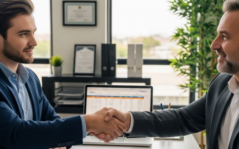 Two businessmen shaking hands across a desk in a modern office with a laptop displaying financial data in the background.