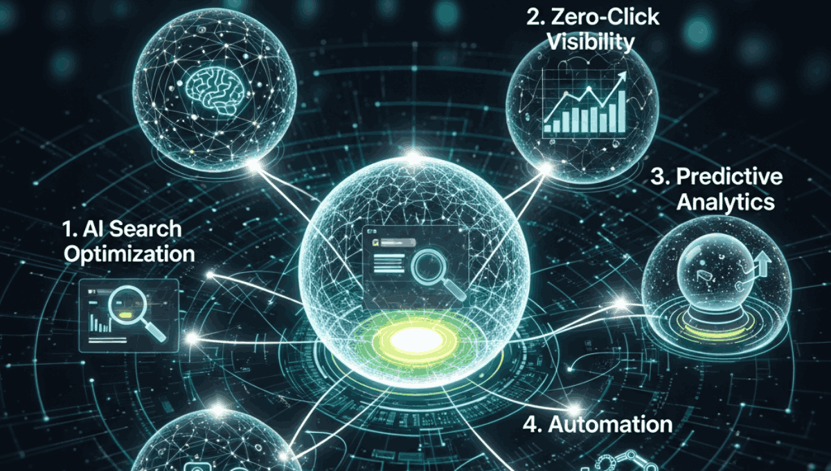 A futuristic infographic showing four key SEO trends: AI Search Optimization, Zero-Click Visibility, Predictive Analytics, and Automation.