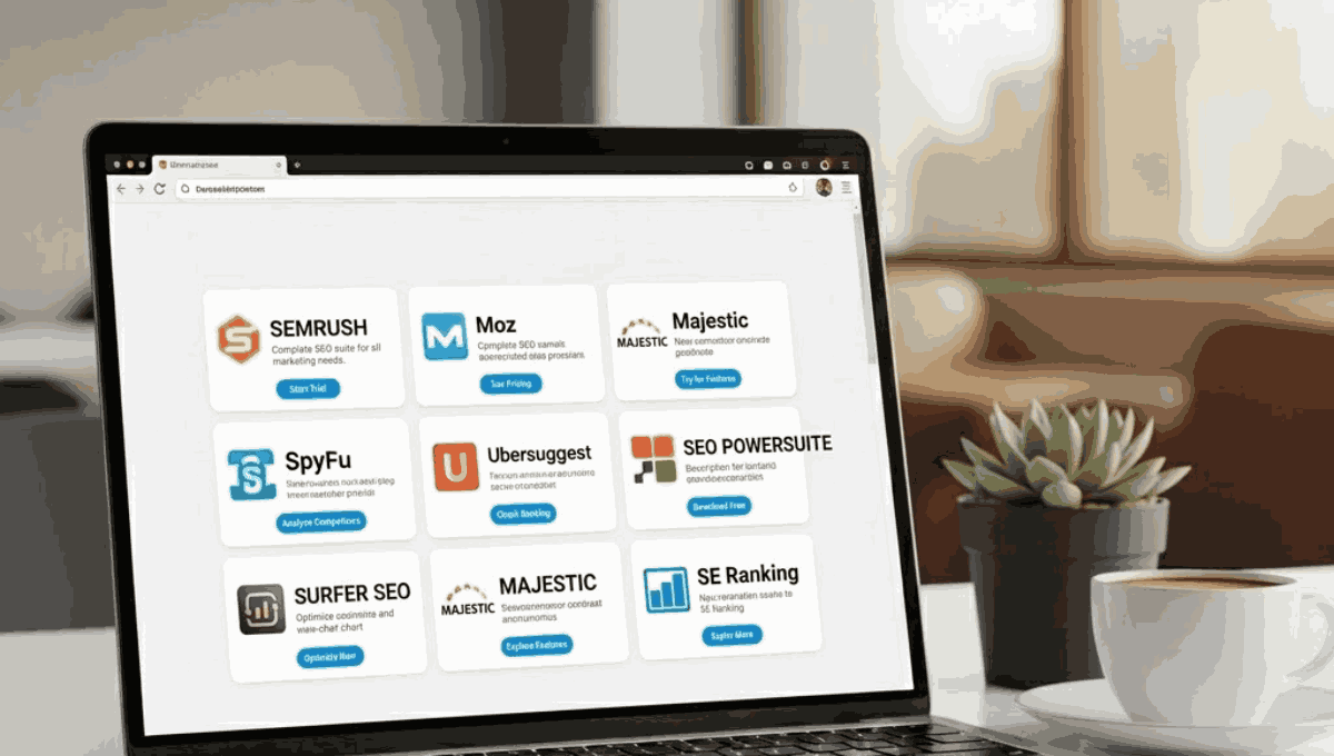 A laptop screen displaying a comparison grid of various SEO tools including Semrush, Moz, Majestic, and Ubersuggest.