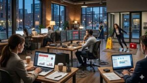 A dynamic office setting showcasing real-world business risks—from digital system failures and data restoration to physical liability incidents—emphasizing the essential role of comprehensive insurance in 2026.